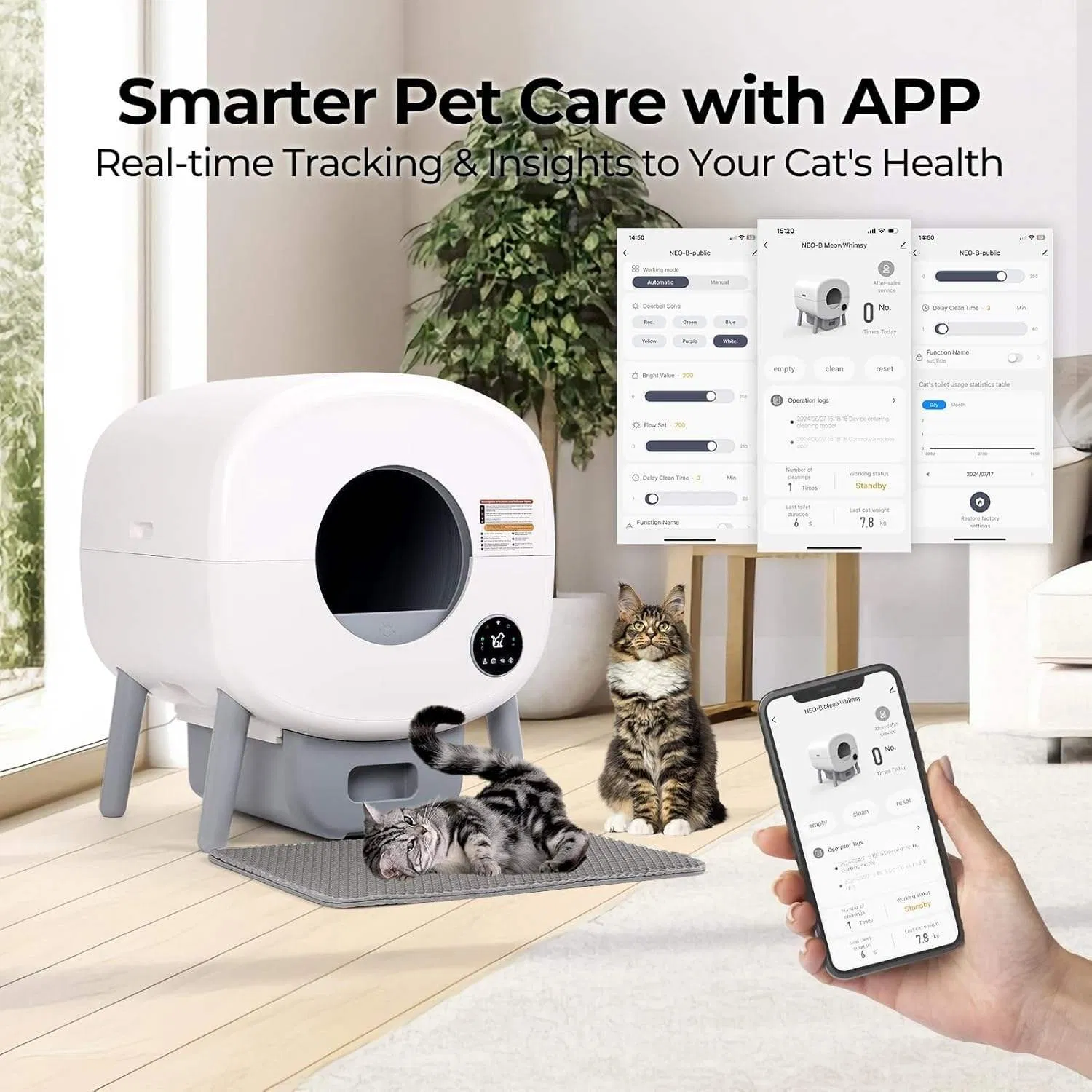 Caixa de Areia Automática de Grande Capacidade 68L com Controle por APP Acessório de Limpeza de Excrementos de Gato em Plástico