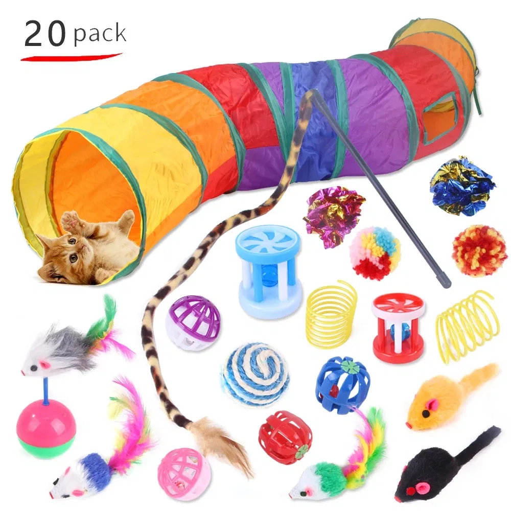 Brinquedos para gatos em forma de bola de rato, túnel de brincadeira dobrável para gatinhos, varinha engraçada de gato, suprimentos de simulação de peixe, acessórios para gatos