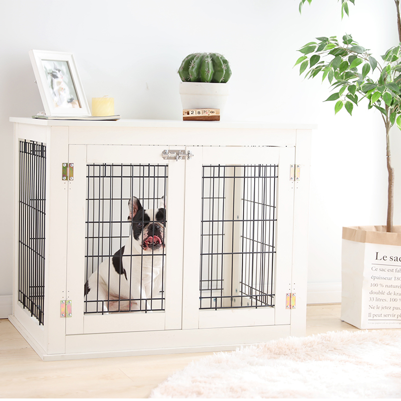 Cercado para cães de estilo mobiliário com portas duplas, gaiolas de madeira para animais de estimação