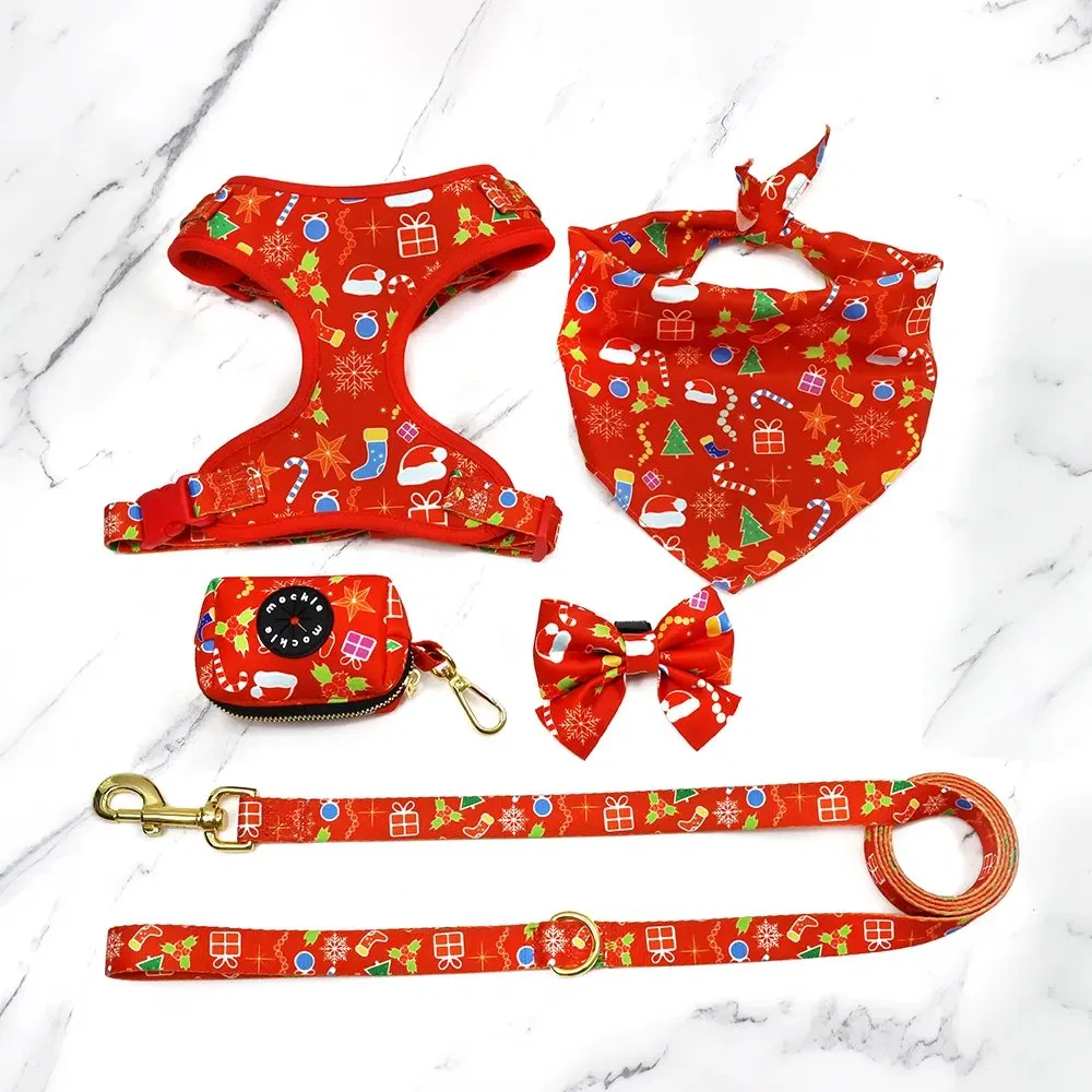 Conjunto de Coleira, Arnês e Guia de Malha de Nylon Ajustável para Bulldog Francês, Arnês Vestível Impresso Fofo para Filhotes e Gatos, Guia para Cães Pequenos e Médios