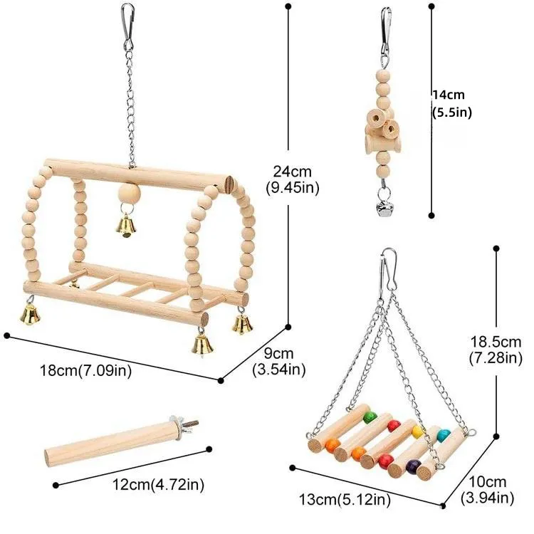 Conjunto de Poleiro de Madeira e Brinquedo de Mastigar para Papagaios