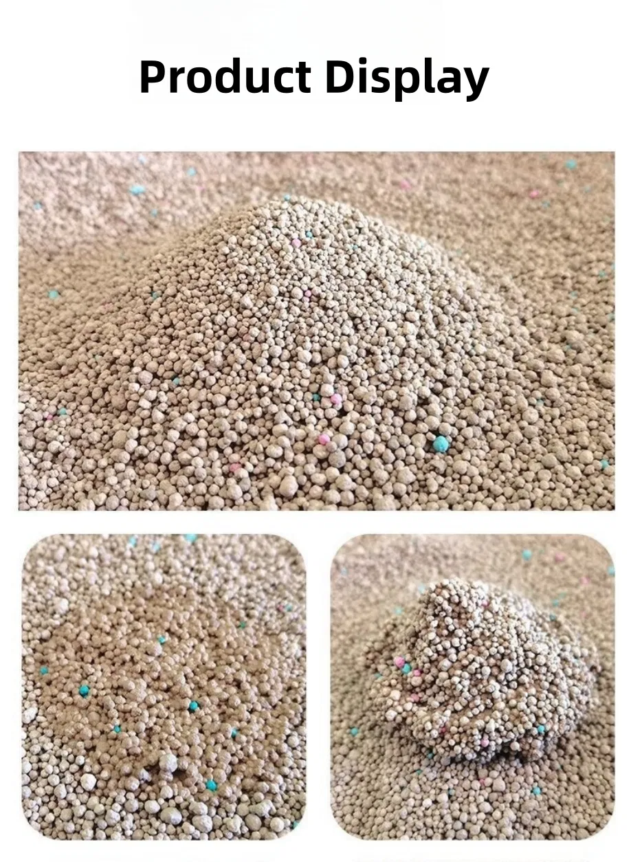 Excelente desodorante absorvente de poeira de baixa aglomeração, liberando aroma, areia triturada, carvão ativado, bentonita, areia para gatos quebrada, acessórios para pets