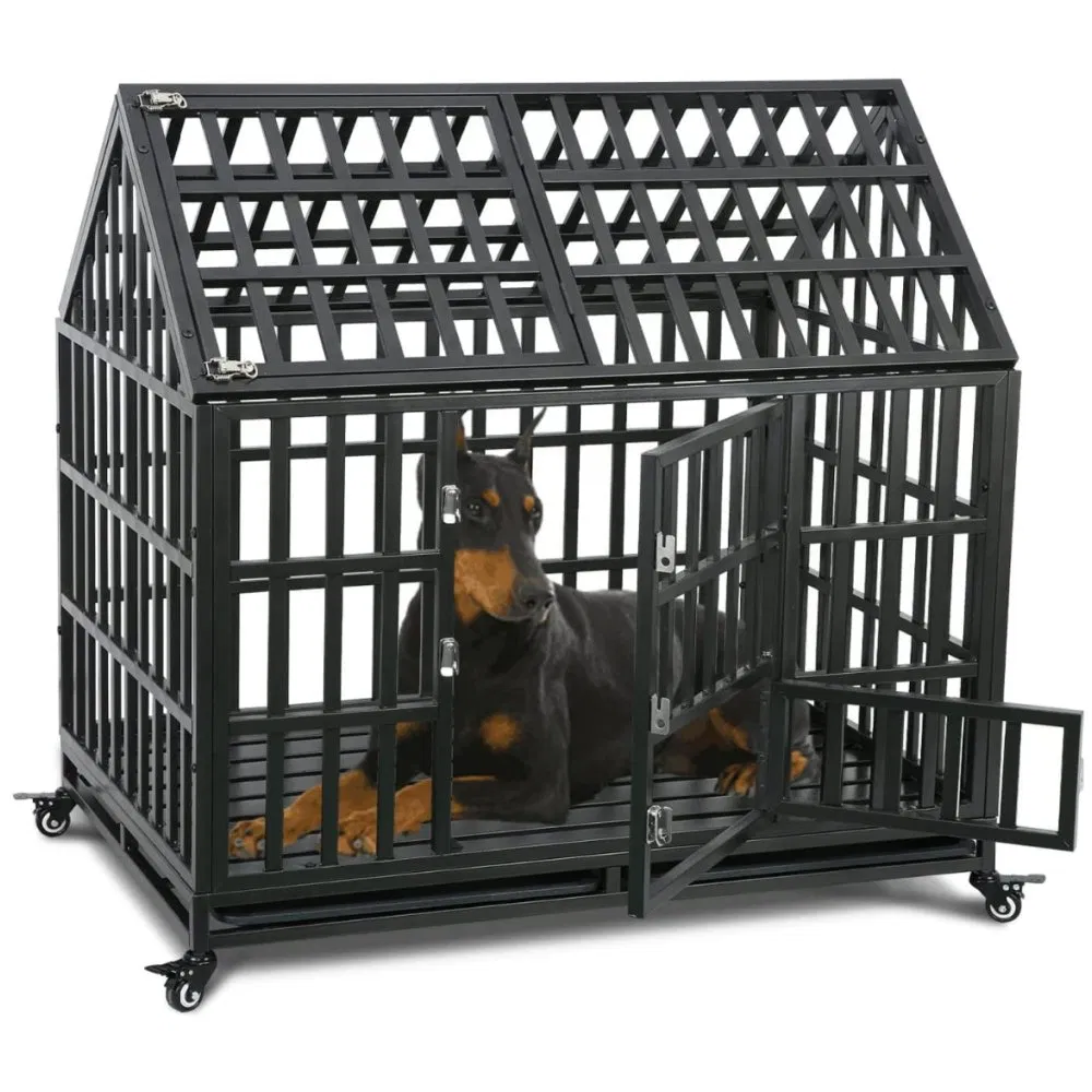 Gaiola para Cães de Grande Porte 44" Estrutura Forte em Metal para Cães Grandes com Porta Superior e 4 Rodas Bloqueáveis