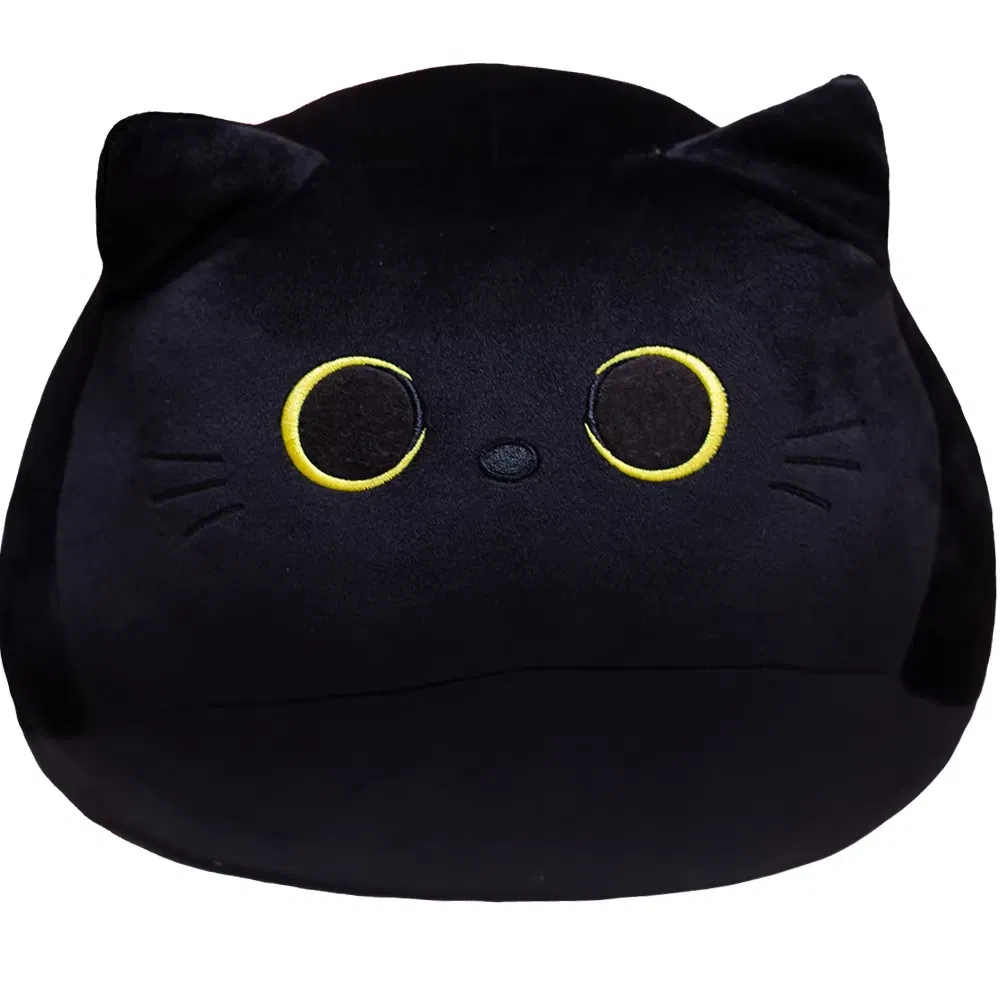 Travesseiro de pelúcia de gato preto em alta venda, bonecos com logotipo personalizável, acessórios de gato fofos para festas