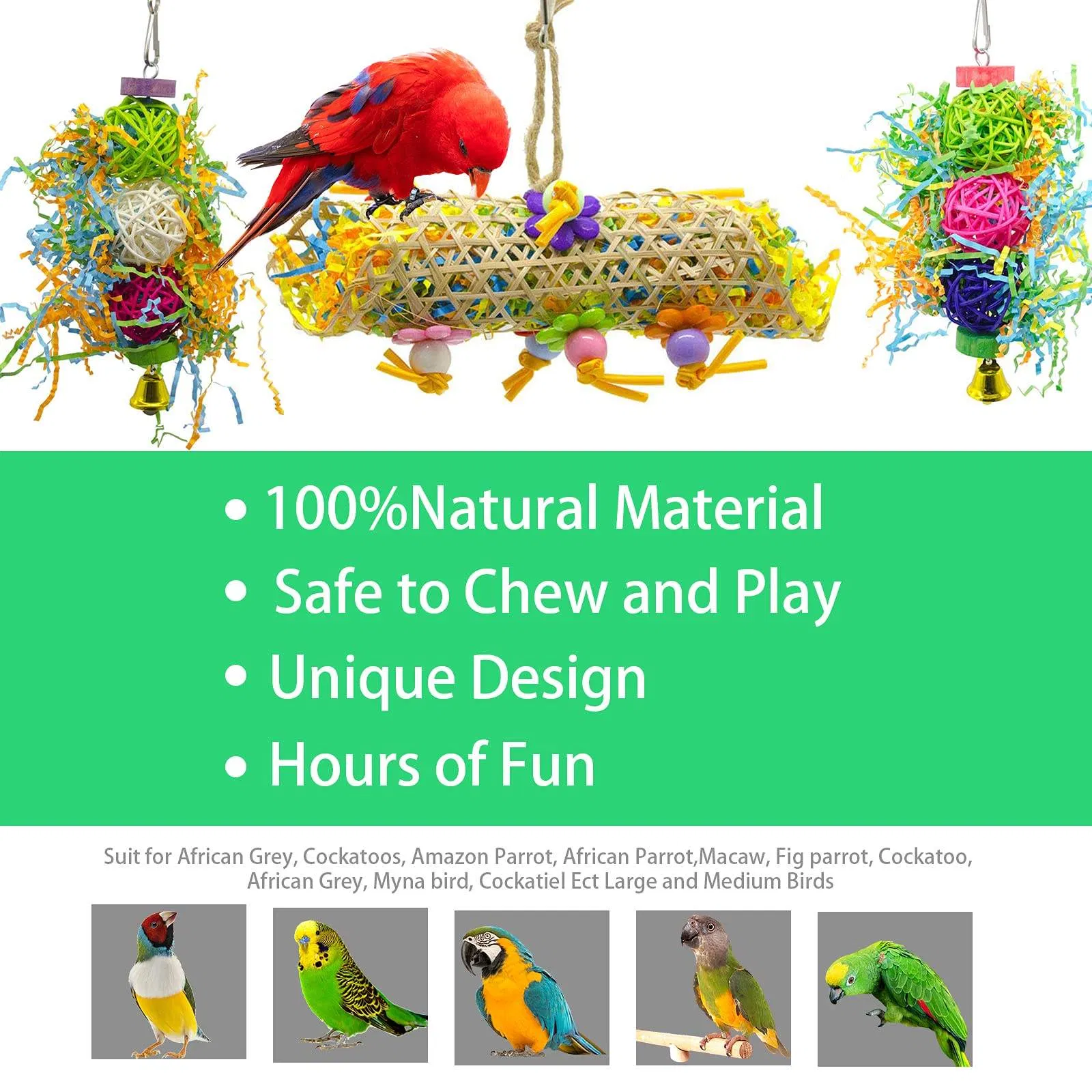 Pássaros de papel de rattan amazônico triturados para comida e brinquedos pendurados para morder