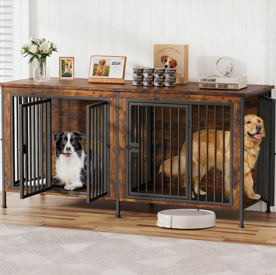 Gaiola para cães grossa e resistente, kennel interno para dois cães com portas, caixa de madeira rústica para pets
