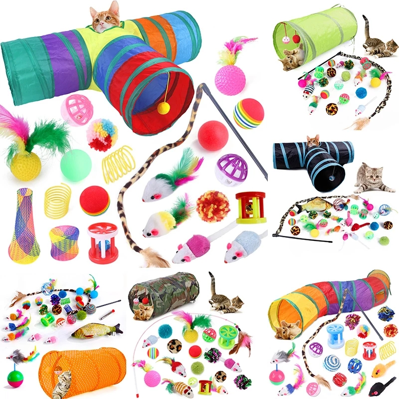 Brinquedos para gatos em forma de bola de rato, túnel de brincadeira dobrável para gatinhos, varinha engraçada de gato, suprimentos de simulação de peixe, acessórios para gatos