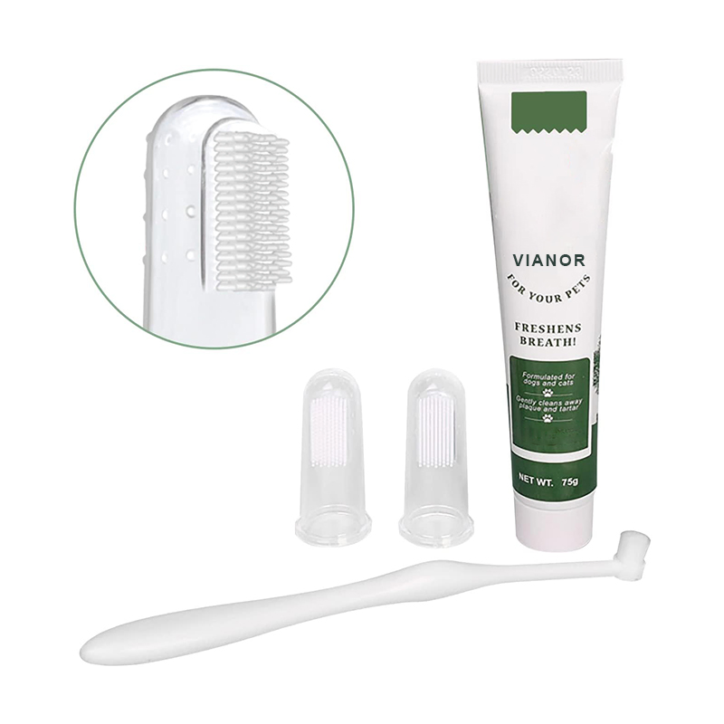 Conjunto de Escova de Dente e Pasta de Dente para Cães e Gatos Sabor Menta e Carne