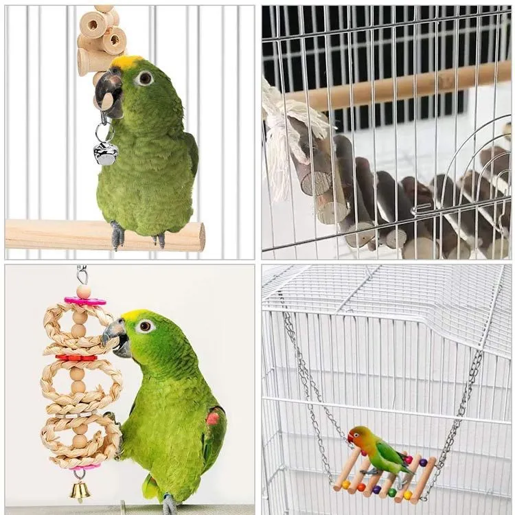 Conjunto de Poleiro de Madeira e Brinquedo de Mastigar para Papagaios