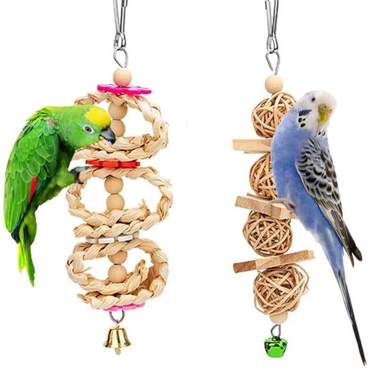 Conjunto de Poleiro de Madeira e Brinquedo de Mastigar para Papagaios