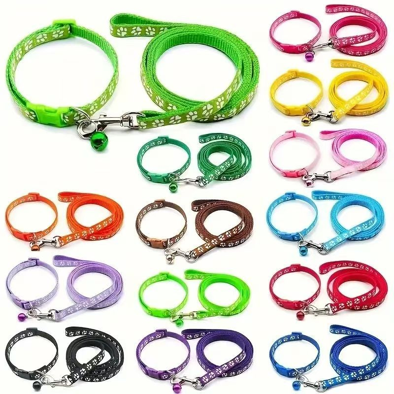 Conjunto de Coleira e Guia para Cão com Impressão de Pata de Cartoon, Ajustável, Pequeno e Médio, com Sino