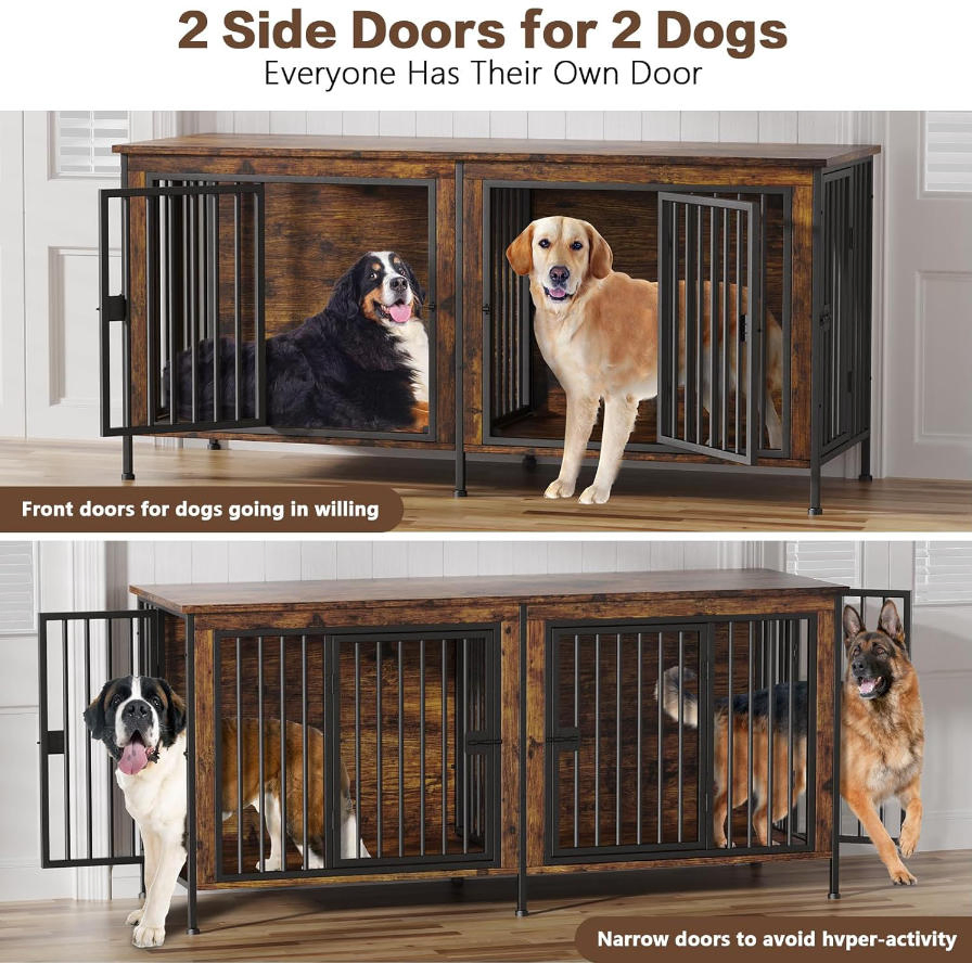 Gaiola para cães grossa e resistente, kennel interno para dois cães com portas, caixa de madeira rústica para pets