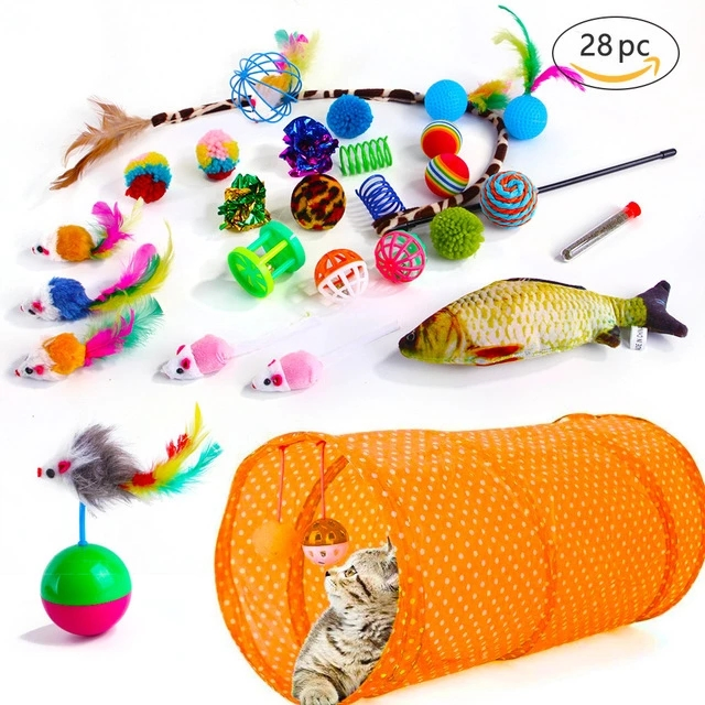 Brinquedos para gatos em forma de bola de rato, túnel de brincadeira dobrável para gatinhos, varinha engraçada de gato, suprimentos de simulação de peixe, acessórios para gatos