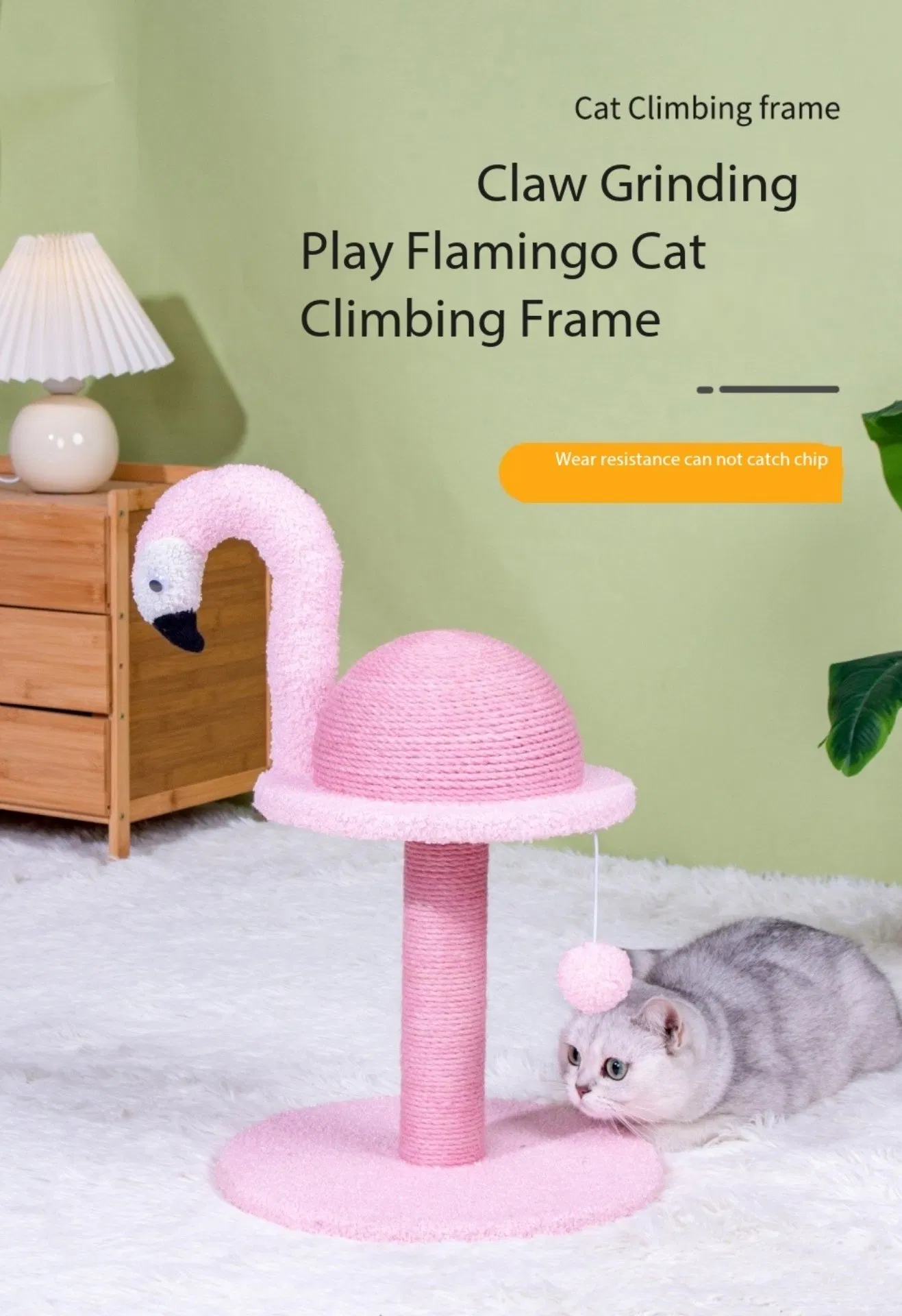 19 Poste de Arranhar Flamingo para Gatos de Interior, Árvore de Gato de Múltiplos Níveis, Perch para Brincar e Descansar, Atividade com Bola Pendurada