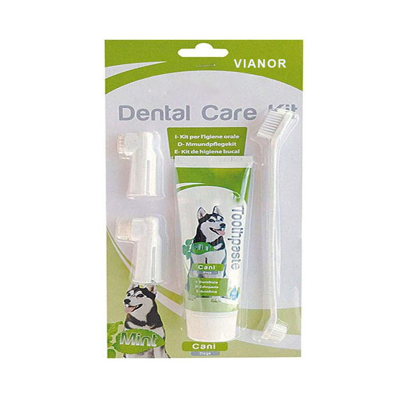 Conjunto de Escova de Dente e Pasta de Dente para Cães e Gatos Sabor Menta e Carne