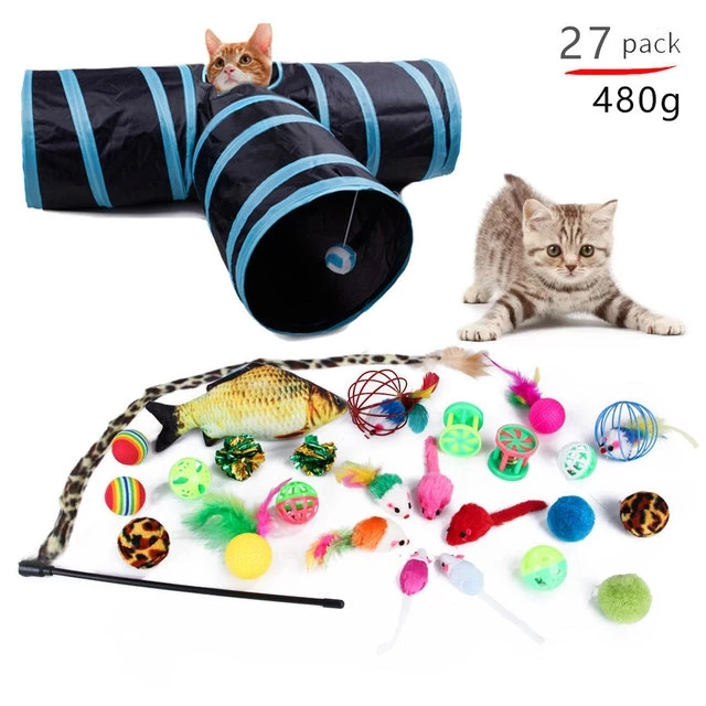 Brinquedos para gatos em forma de bola de rato, túnel de brincadeira dobrável para gatinhos, varinha engraçada de gato, suprimentos de simulação de peixe, acessórios para gatos