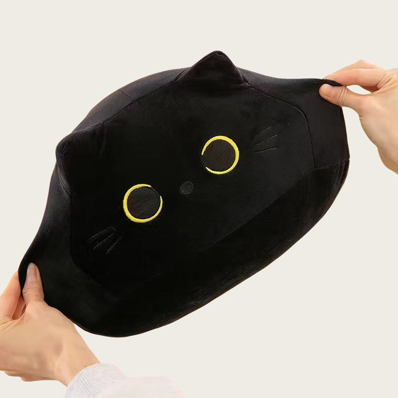 Travesseiro de pelúcia de gato preto em alta venda, bonecos com logotipo personalizável, acessórios de gato fofos para festas