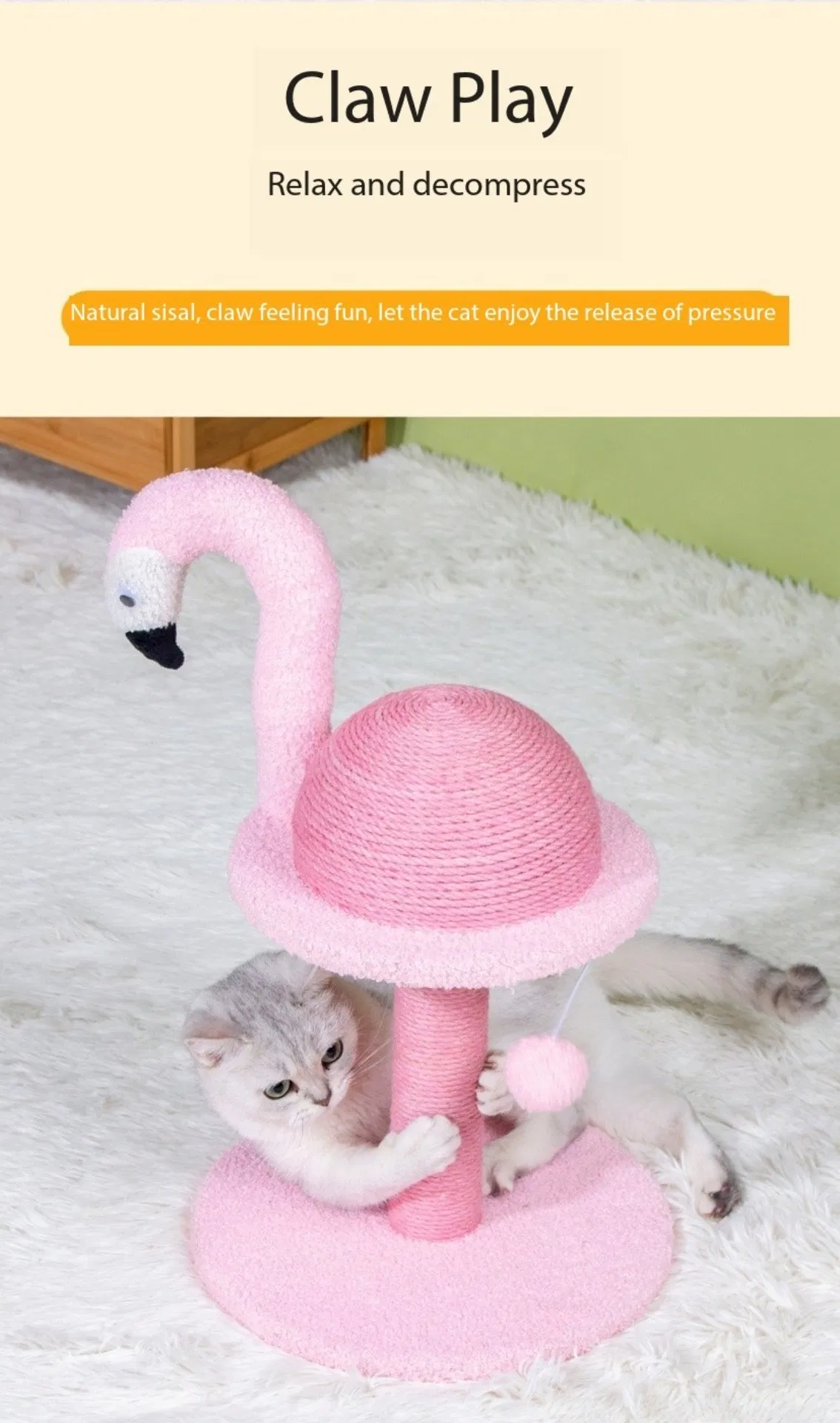 19 Poste de Arranhar Flamingo para Gatos de Interior, Árvore de Gato de Múltiplos Níveis, Perch para Brincar e Descansar, Atividade com Bola Pendurada