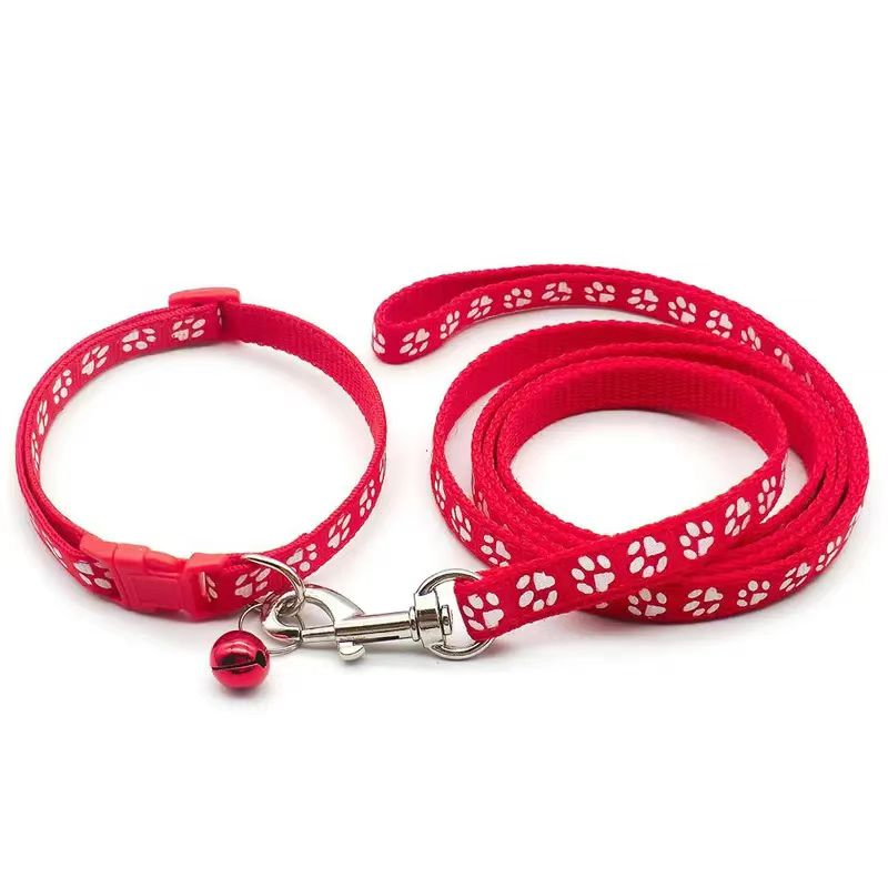 Conjunto de Coleira e Guia para Cão com Impressão de Pata de Cartoon, Ajustável, Pequeno e Médio, com Sino