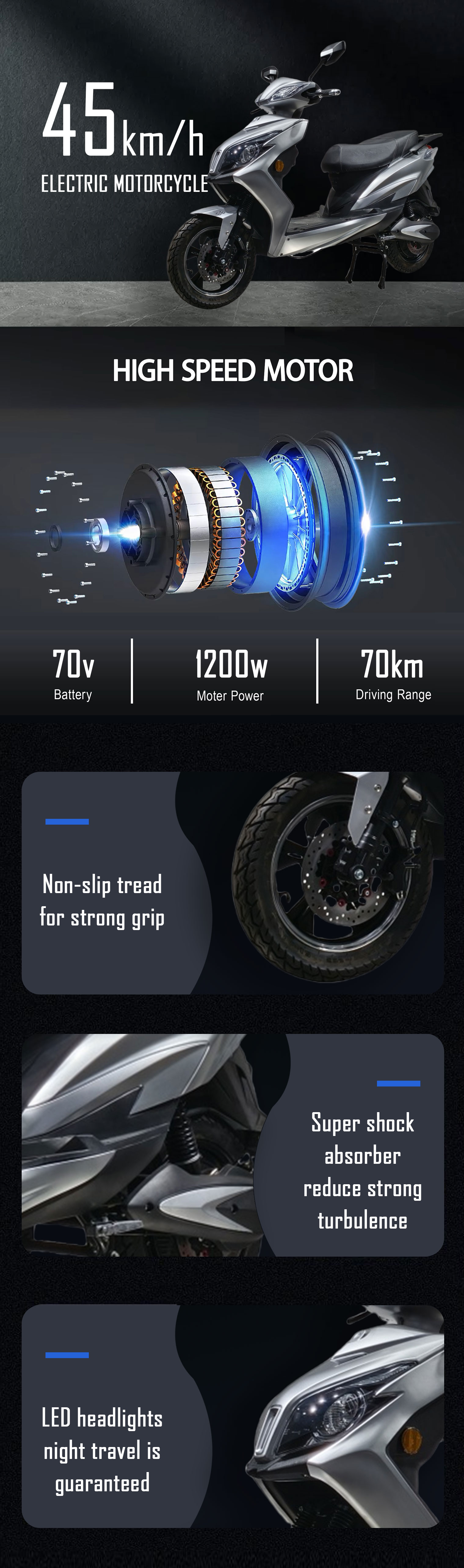 TY High Quality 1200W EEC Certified Electric Adult Motorcycle 45 kmh Speed Range