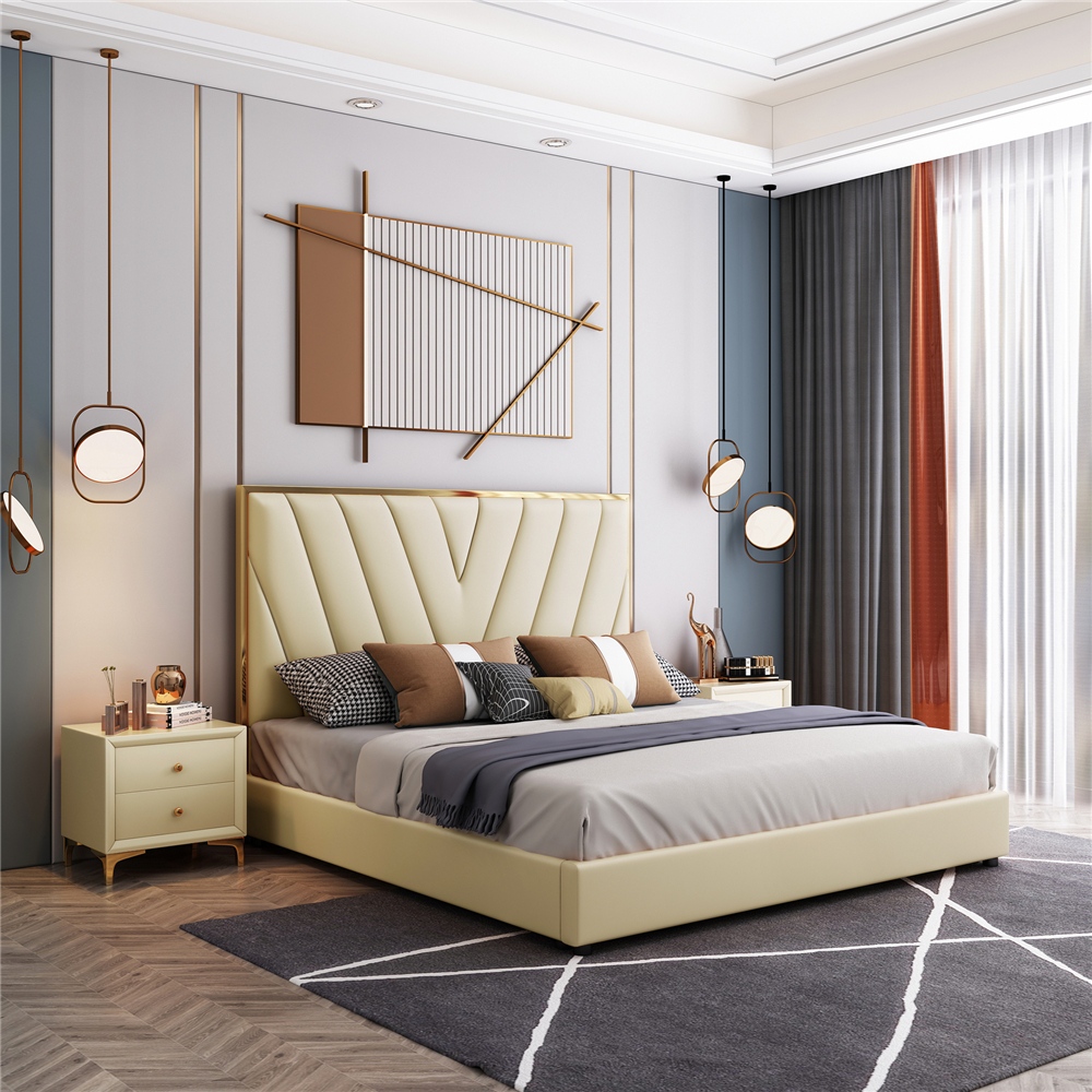 Modern solid wood frame leather bed view 1