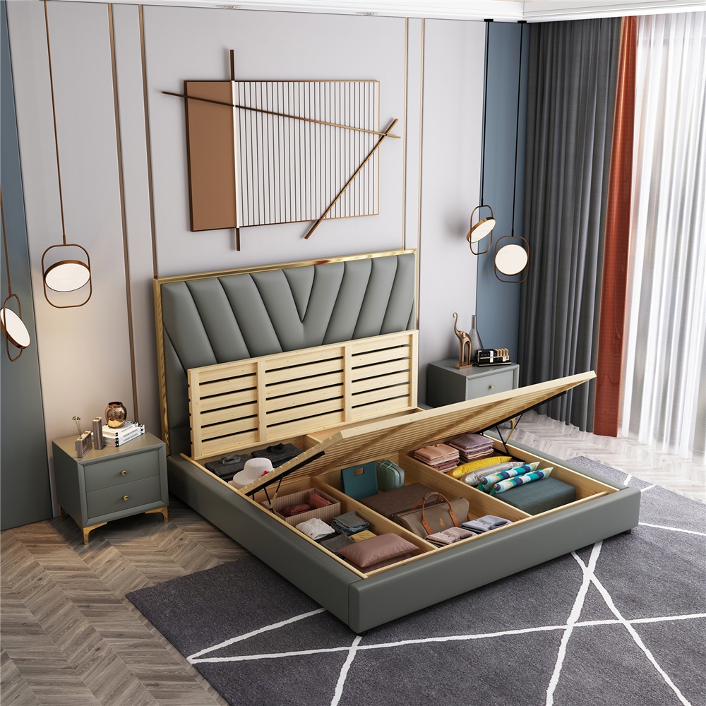 Modern solid wood frame leather bed view 3