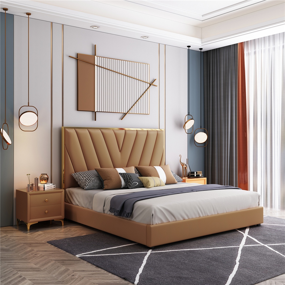 Modern solid wood frame leather bed view 2