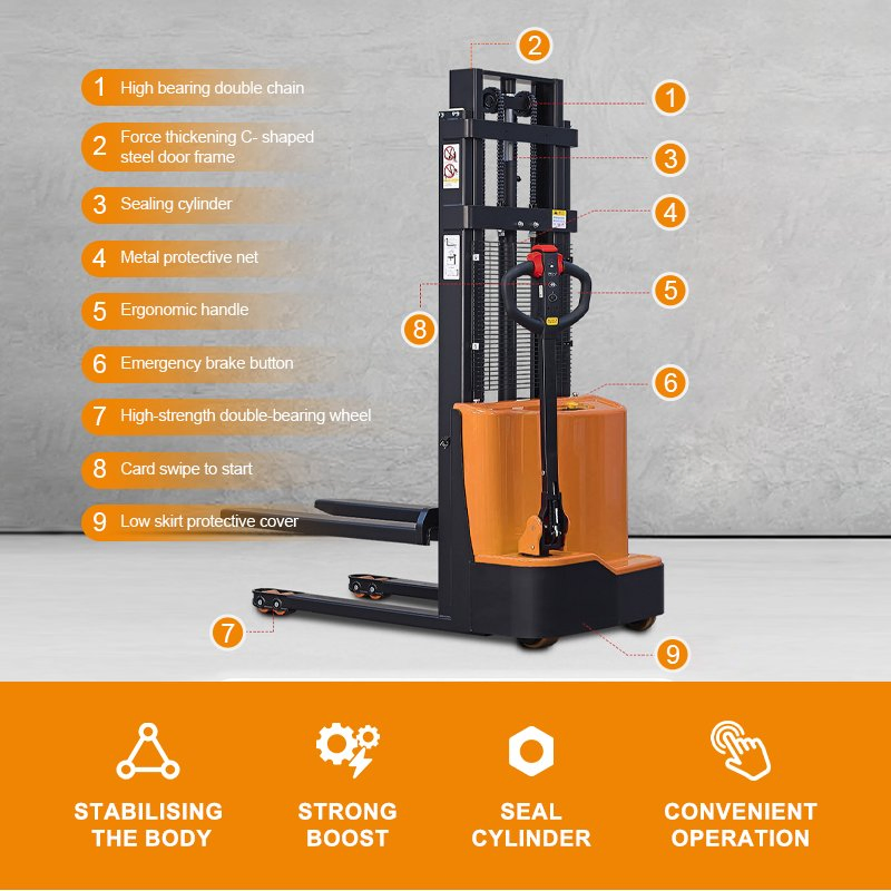 Load Capacity 1.5t Lifting Height 1600/2000/3000mm Electric Pallet Stacker Forklift