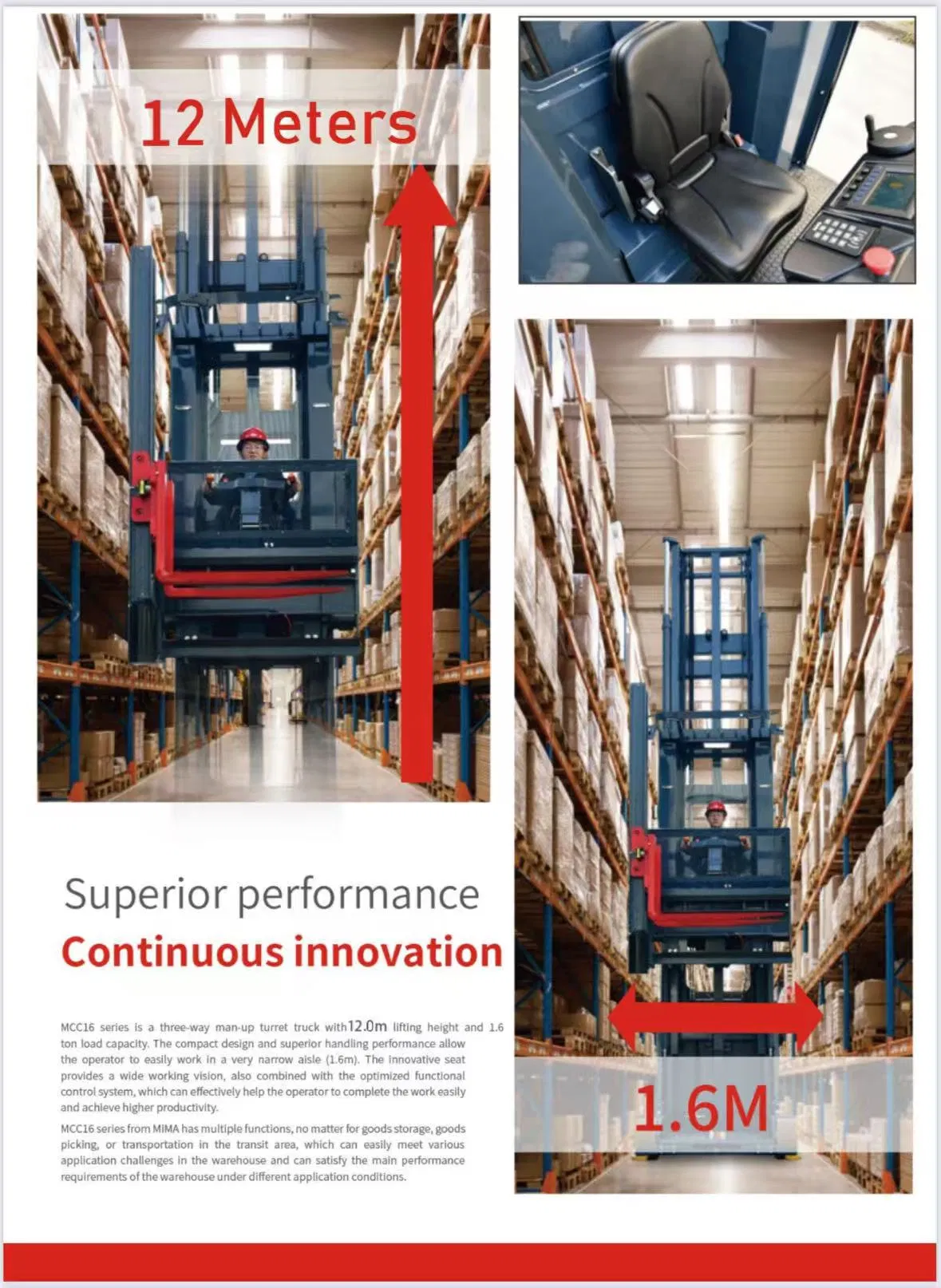 Man up Forklifts Origin Factory Price 1.6 Ton 14.5 M Electric Very Narrow Aisle Vna Forklift Man-up Turret Trucks