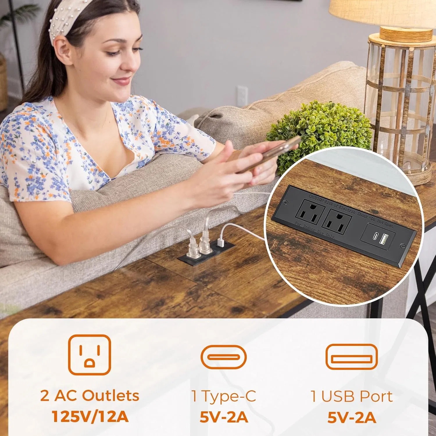 70 طاولة كونسول بارتفاع إنش مع مآخذ ومنفذ USB-C خلف الأريكة