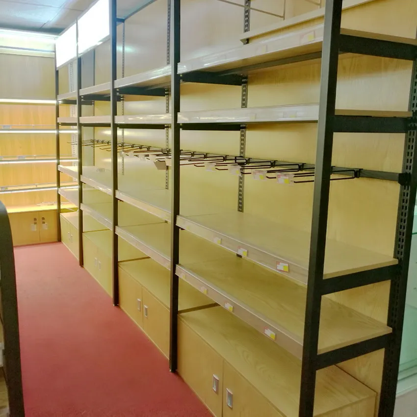 رفوف عرض متجر البقالة الجانبية الواحدة، رفوف عرض للبيع بالتجزئة، رفوف خشبية للسوبرماركت