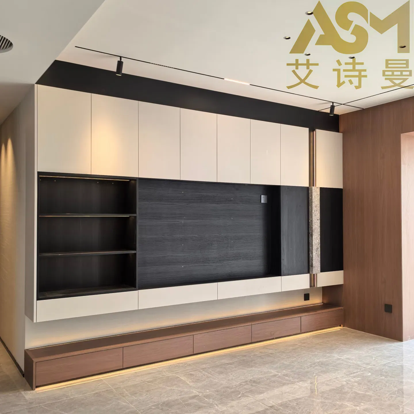 أحدث تصميم أثاث غرفة المعيشة حامل تلفاز زجاجي حديث مع إضاءة LED مخصص عائم