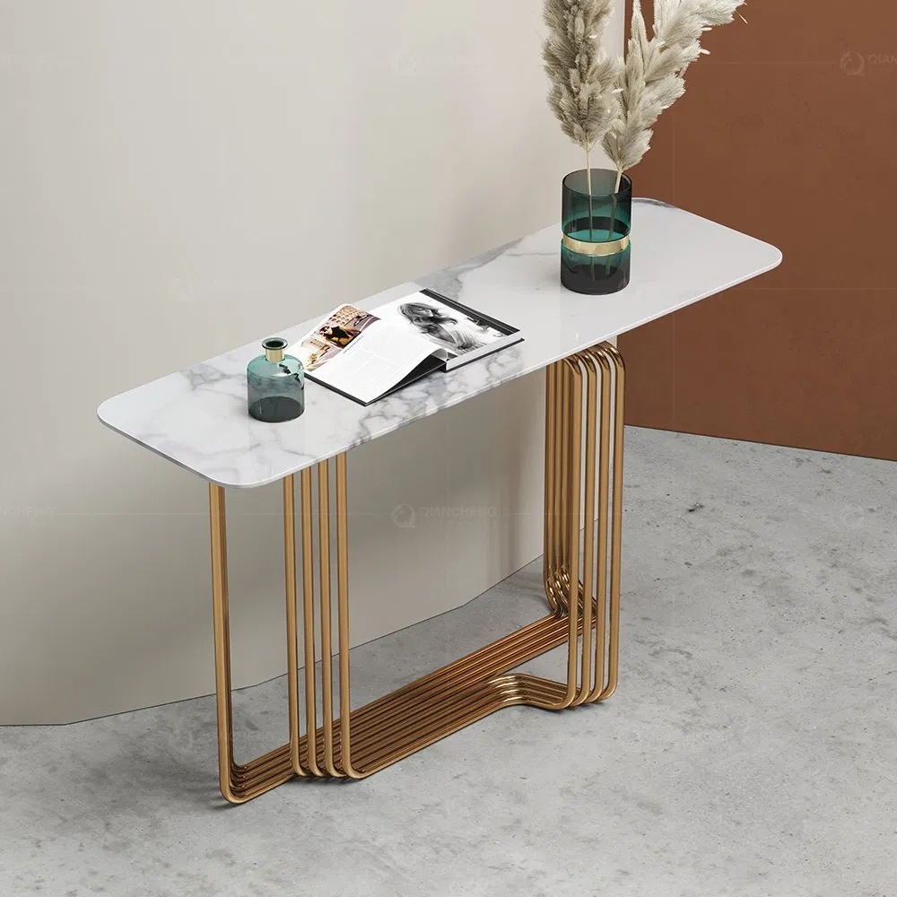 طاولة ممر حديثة فاخرة من المعدن مع سطح من الرخام الأخضر