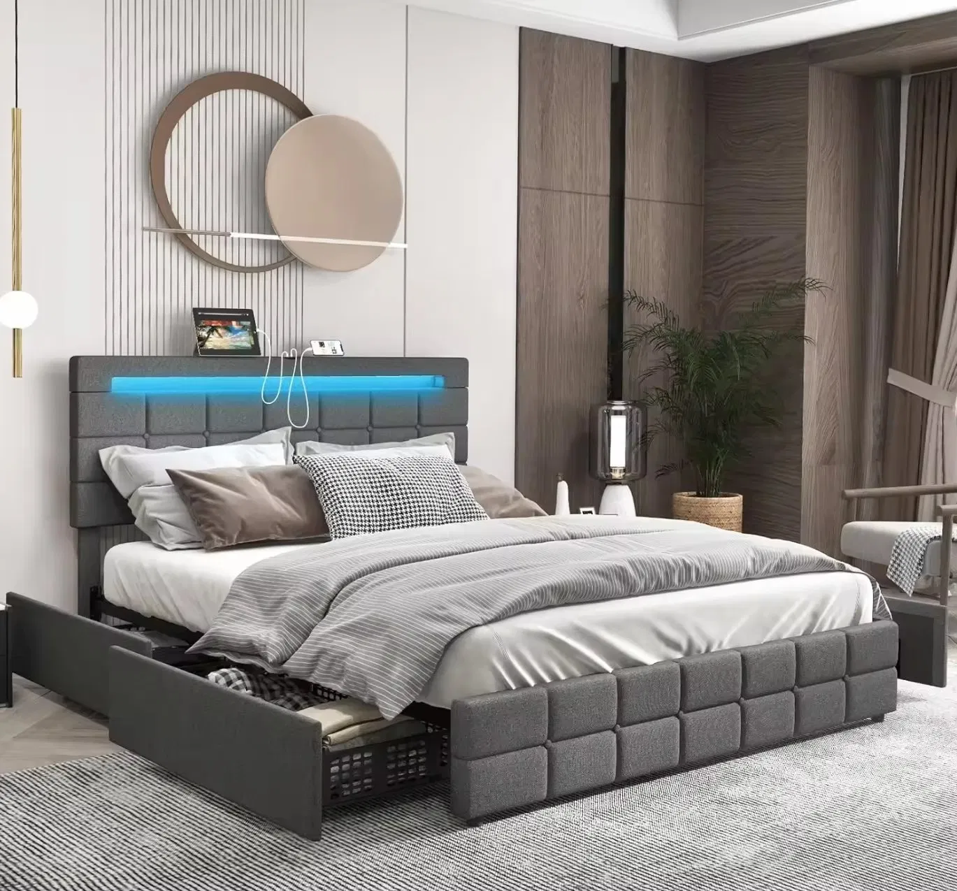 إطار سرير كامل الحجم مع محطة شحن USB وأضواء LED