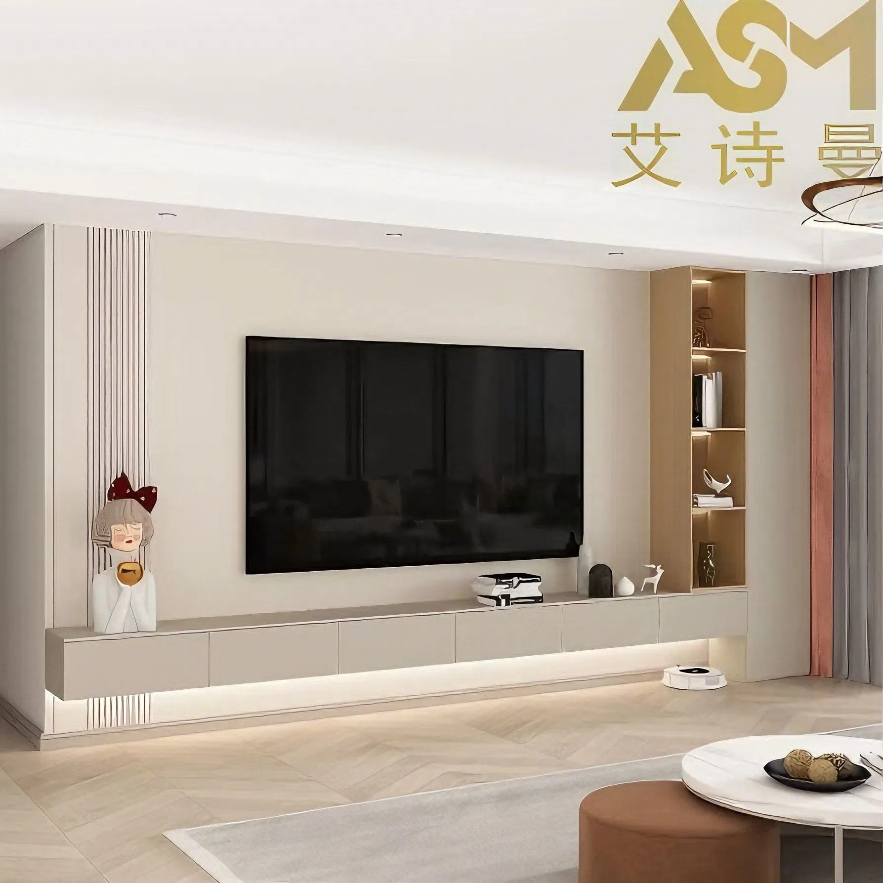 أحدث تصميم أثاث غرفة المعيشة حامل تلفاز زجاجي حديث مع إضاءة LED مخصص عائم