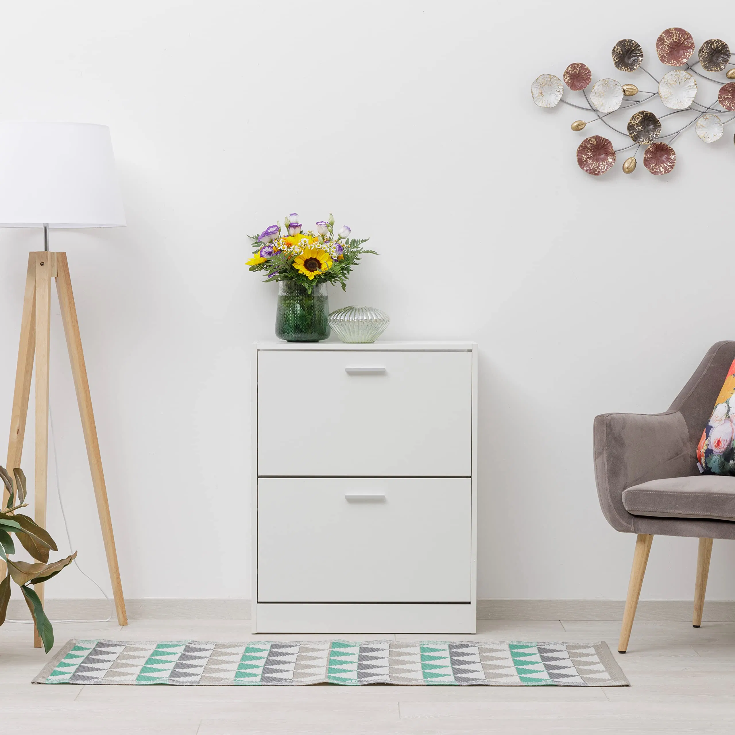 Slim Space Saving Shoe Rack in Melamine Wood for Entryway Shoe Cabinet with Folding Doors and Double Depth White 2 Doors