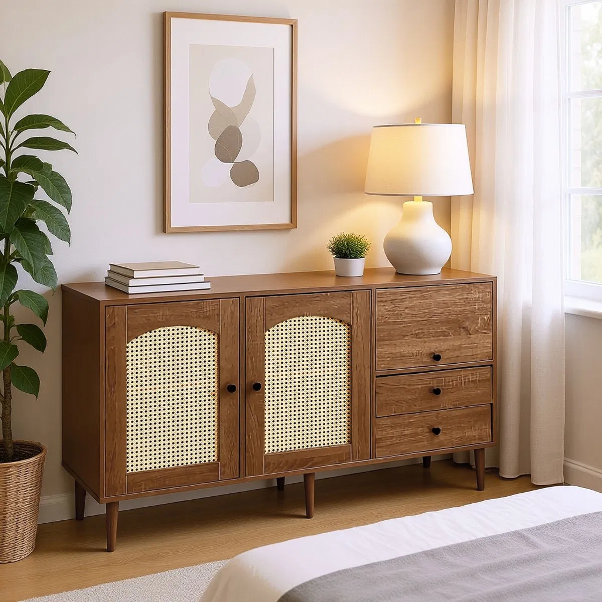 Classic Storage Solid Wood Sideboard with 2-Door Rattan Design &amp; Hidden Compartment Cabinet for Traditional Kitchen or Entryway