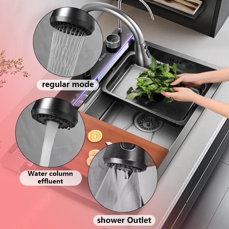 Modern Multifunctional Waterfall Black Nano Handmade Smart Stainless Steel Kitchen Sink Wholesale Dhk