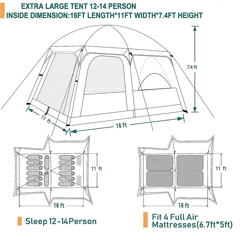 Large Camping Tent 10 12 Person People Waterproof Double Layer 2 Living Rooms and 1 Hall Family Tents Outdoor Rainproof Tent