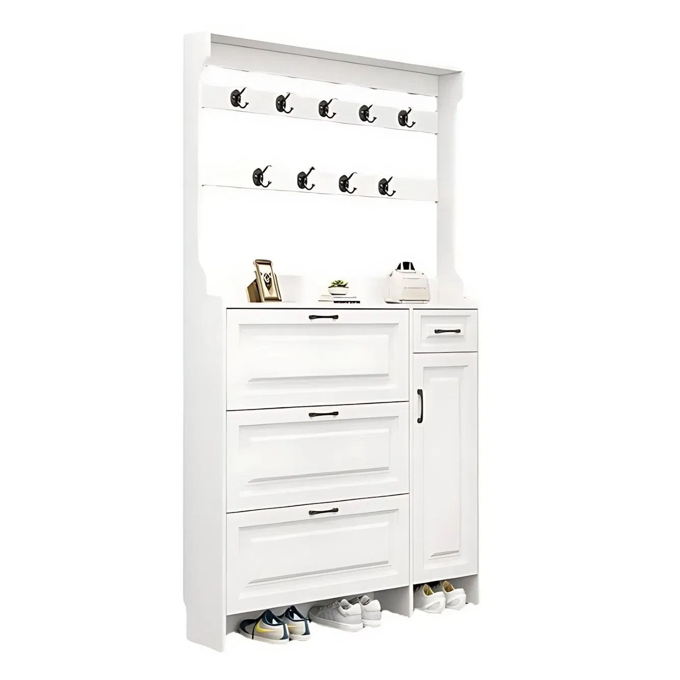 Solid Wood Frame Shoe Cabinet, Entryway Cabinet, Coat Rack, New Style Wall-Mounted Multi-Functional Multi-Layer Storage Cabinet