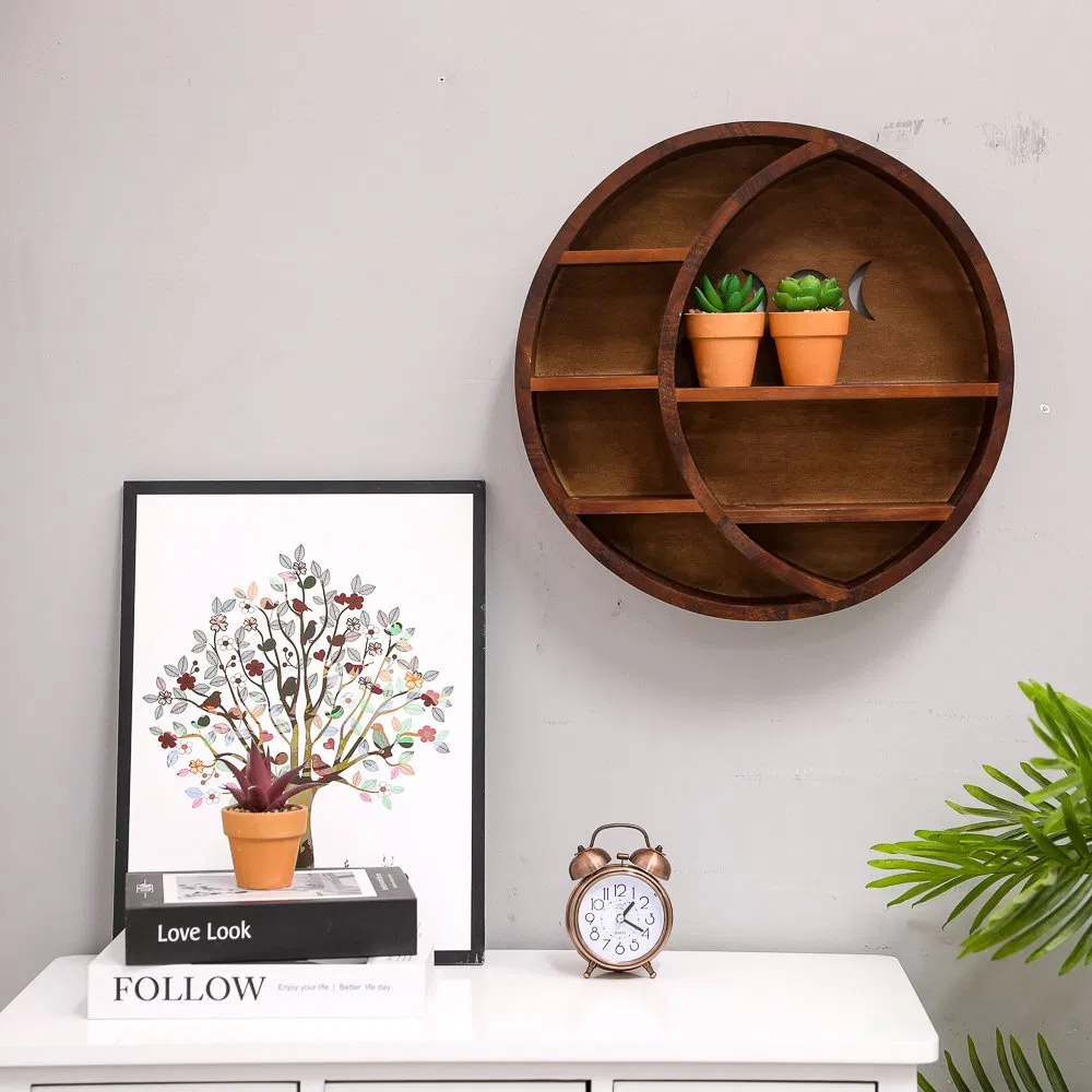 Solid Pine Wooden Round Wall Storage Shelf for Entryway