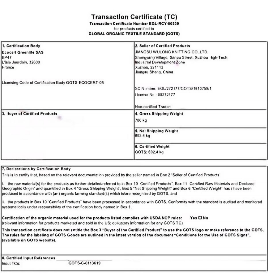 Organic Cotton Certificate