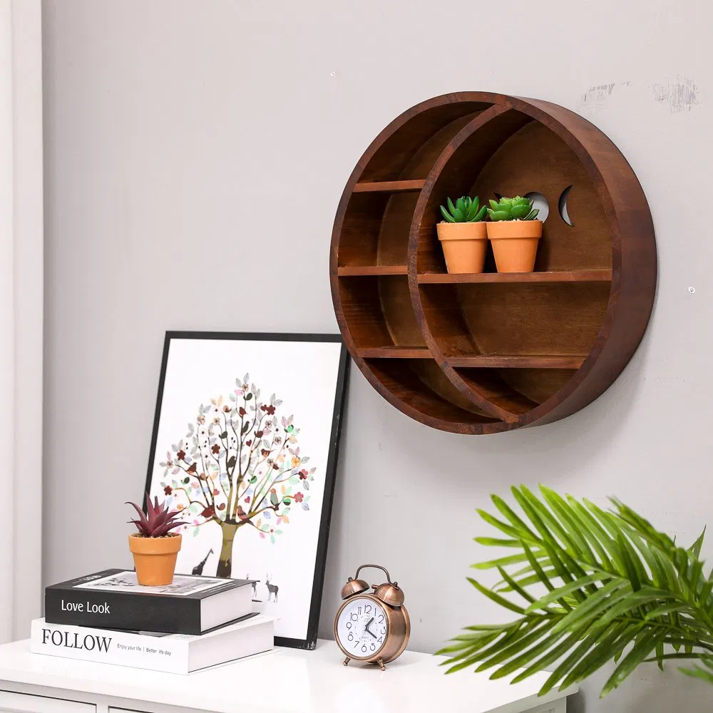 Solid Pine Wooden Round Wall Storage Shelf for Entryway