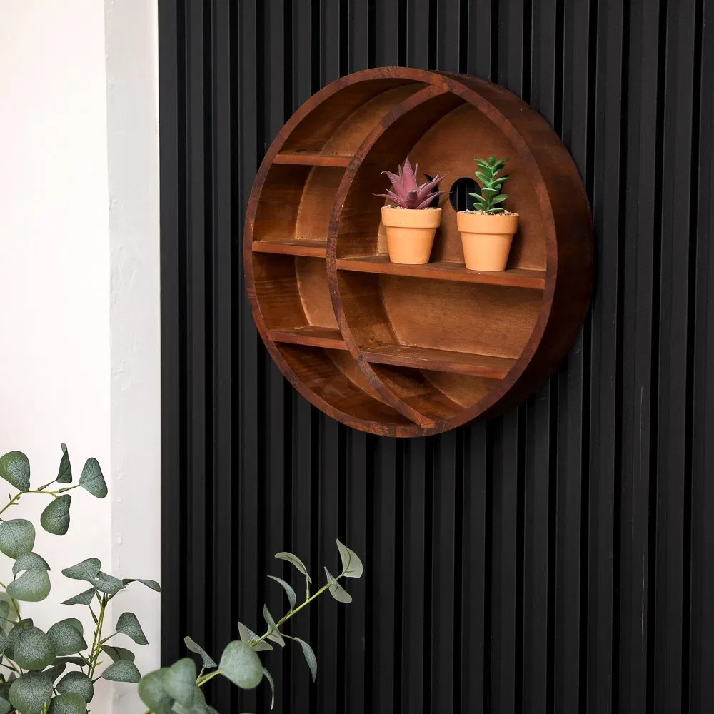 Solid Pine Wooden Round Wall Storage Shelf for Entryway