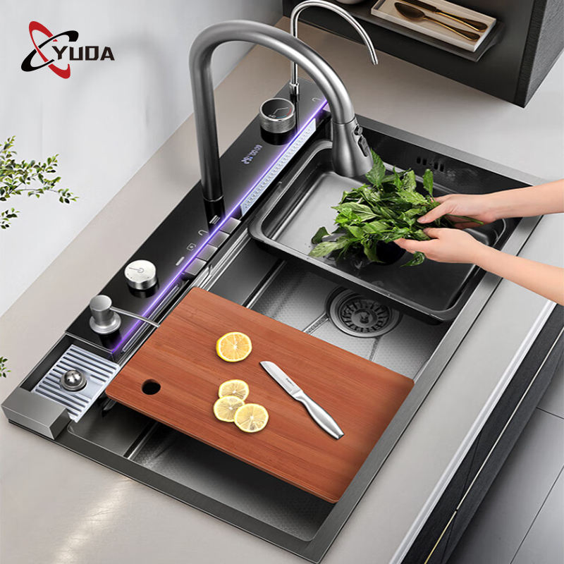 Modern Multifunctional Waterfall Black Nano Handmade Smart Stainless Steel Kitchen Sink Wholesale Dhk