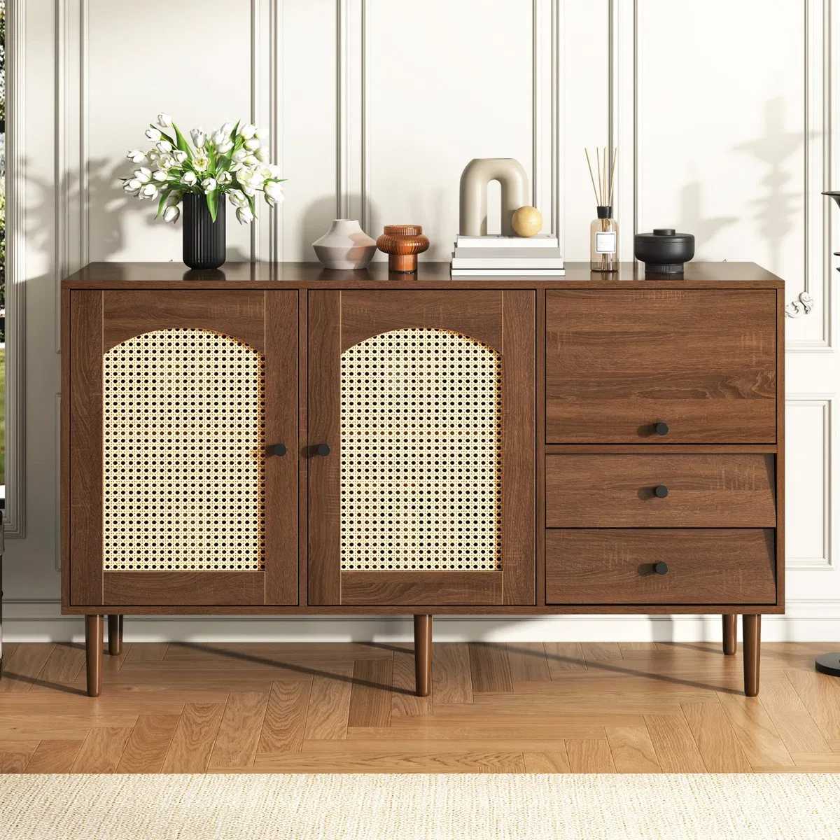 Classic Storage Solid Wood Sideboard with 2-Door Rattan Design &amp; Hidden Compartment Cabinet for Traditional Kitchen or Entryway