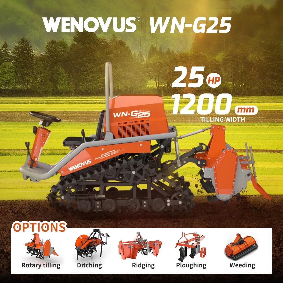 China Wenovus Wn-G25 Multi-Functional Agricultural Machinery Diesel Power Farm Tractor 25HP 1247cc Factory Price New Design Crawler Power Rotary Tiller