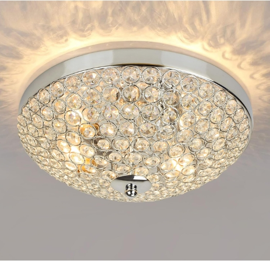 Modern Flush Mount Crystal Ceiling Light, 2-Light Small Chandelier Close to Ceiling Light Fixtures for Bedroom, Entryway, Hallway, Dining Room