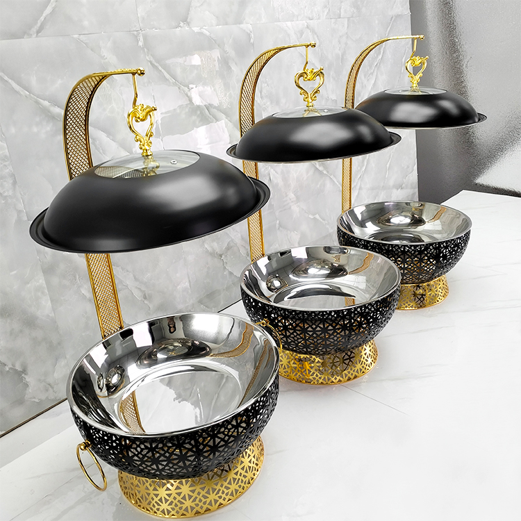 Hotel Black and Gold Chaffing Dishes with Hanging Food Warmer Round De Lux Buffet Hanging Chafing Dish for Catering