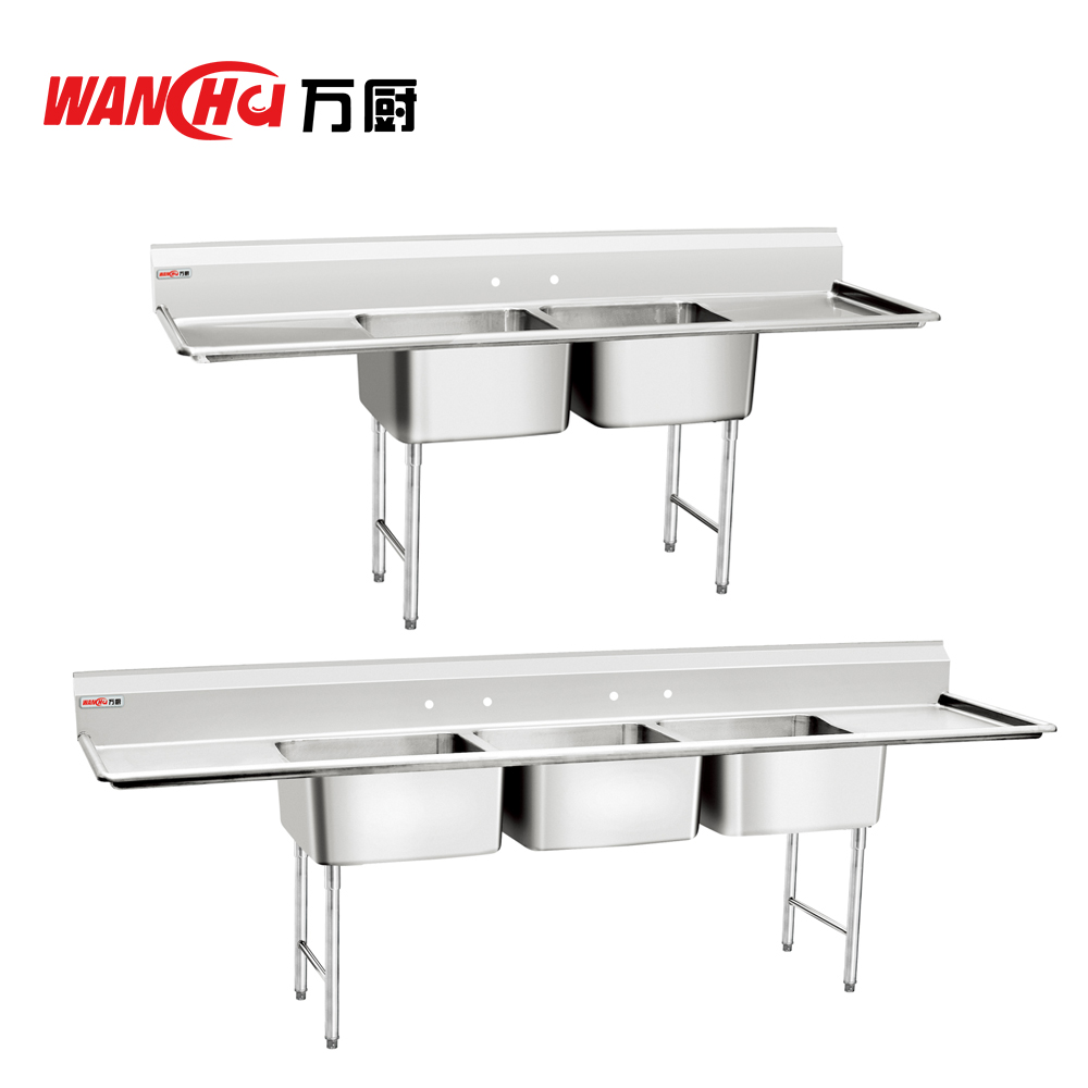 NSF American Style 304 201 Stainless Steel Restaurant 3 Compartment Commercial Sink with Drainboard Commercial Food Prep Table